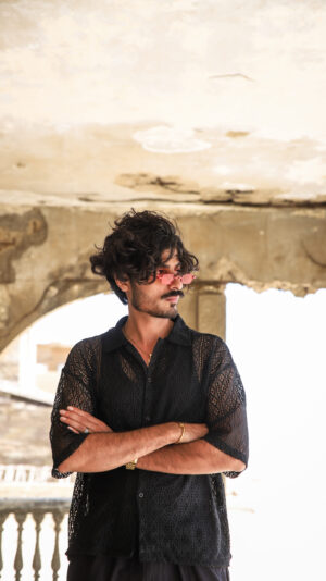 Black Open-Work Knit Shirt